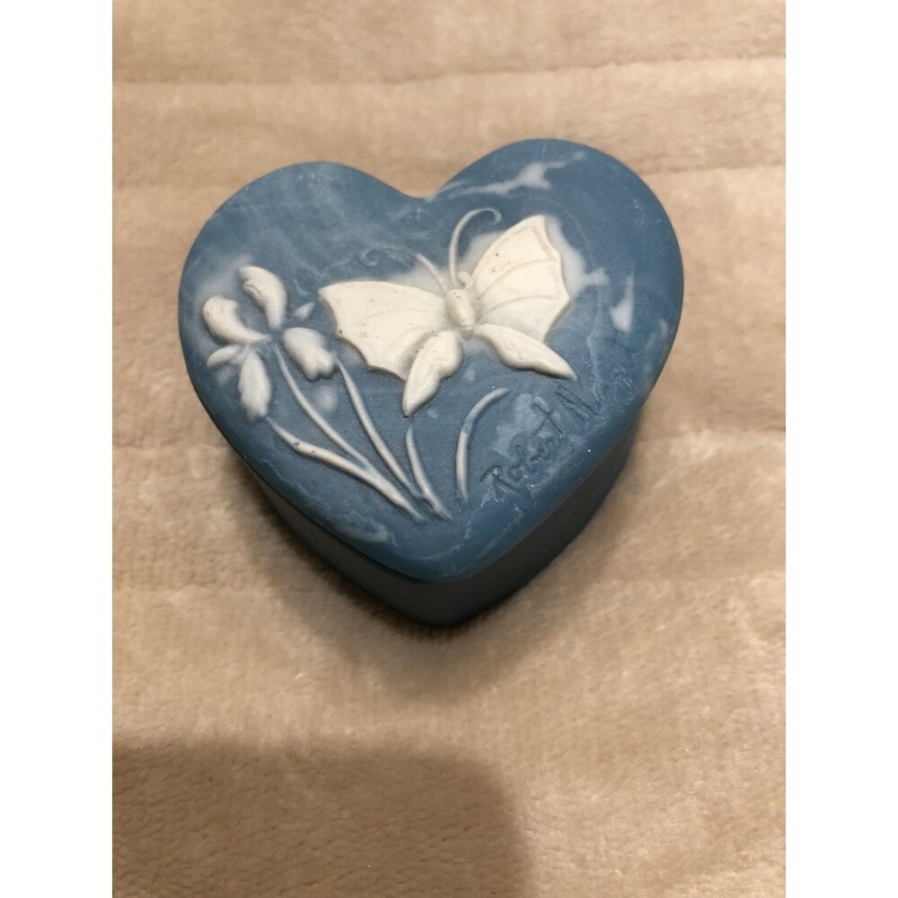 Vtg Robert Nemith Blue Heart Trinket Butterfly Flowers Jewelry Soapstone Box